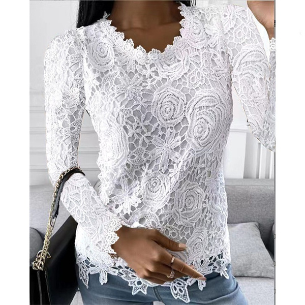 Women's Casual Lace Hollow Out Blouses Tops Crew Neck Solid Color Long ...