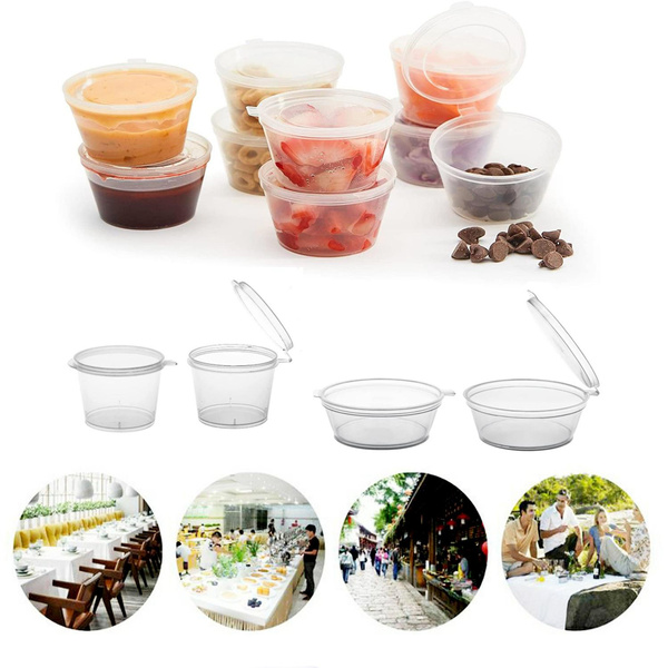 50Pcs 1oz Plastic Hinged Sauce Cups, Round Food Container Pots with