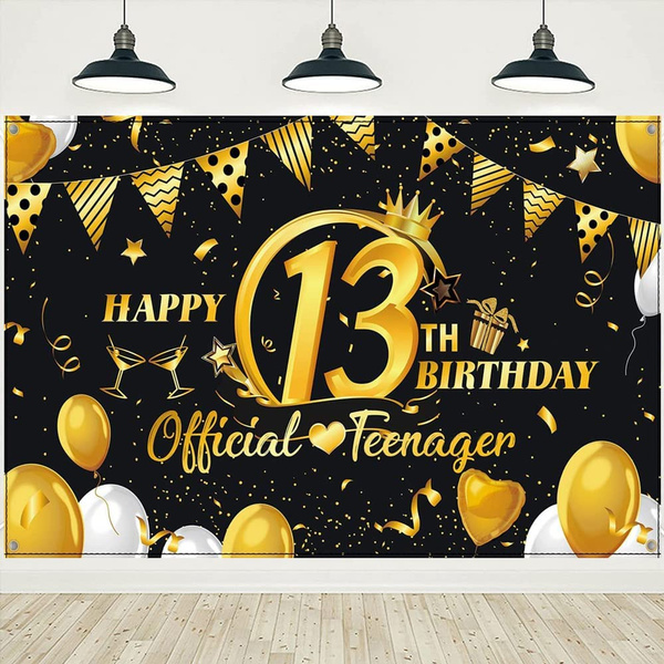 13th Birthday Backdrop Banner Black and Gold 13th Birthday Party ...