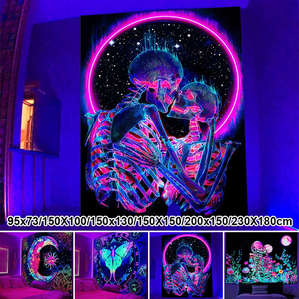 4 Styles BlackLight Tapestry for Bedroom Aesthetic Trippy,Colorful Hippie  Skull Kissing Lover Wall Tapestry Glow in Dark Black Light Posters  Tapestries Living Room Dorm Decor 6  Sizes(95x73/150X100/150x130/150X150/200x150/230X180cm)