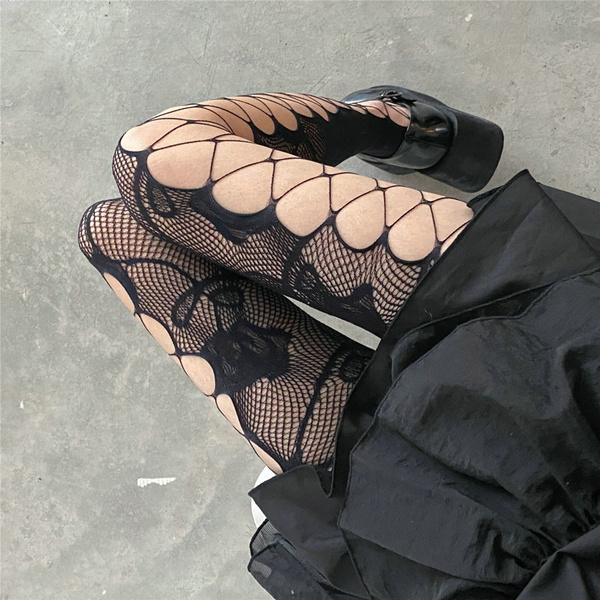 Gothic Stockings Ladies Fishnet Pantyhose Cutout Fishnet Leggings Rose  Print Mesh Bodysuit Sexy Lingerie Woman
