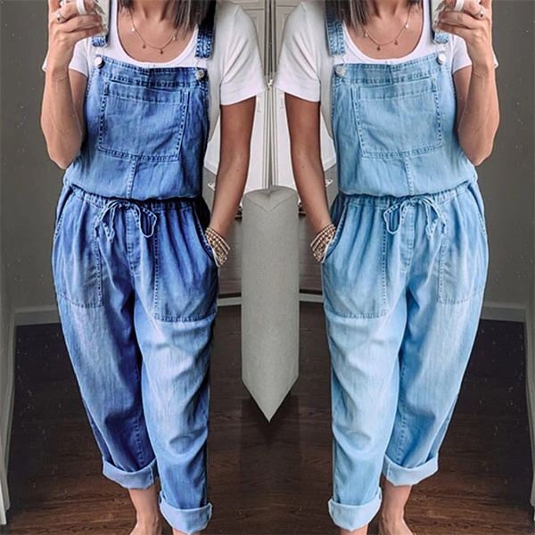Ladies Pure Colors Casual Denim Jumpsuit Loose Long Romper Bib Pants ...