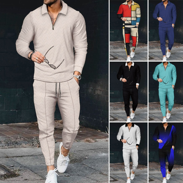 Men's Polo Shirts + Pants Two-piece Suits Colorblock Zipper Lapel POLO ...