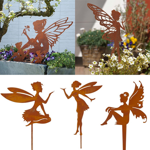 1 PC Metal Flower Fairy Garden Decor Metal Fairy Silhouette Statue Girl