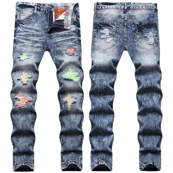 Fashion Men's Jeans New Ripped Holes Fried and Bleached Craft Small ...