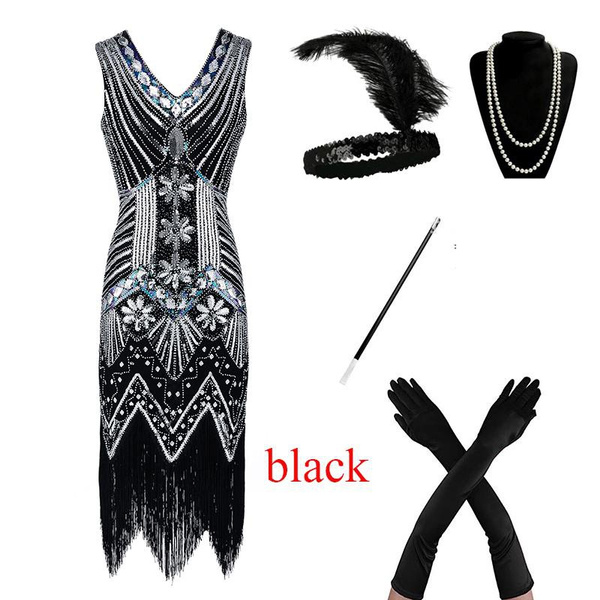 Women 1920s Art Deco Great Gatsby V Neck Sequin Beaded Fringe