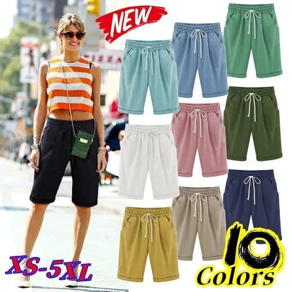 Fashion Women's Shorts Casual Knee Length Pants Solid Color Loose ...