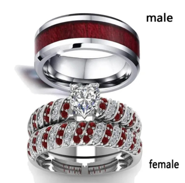 Male and female ring heart cut zircon platinum filled ladies wedding