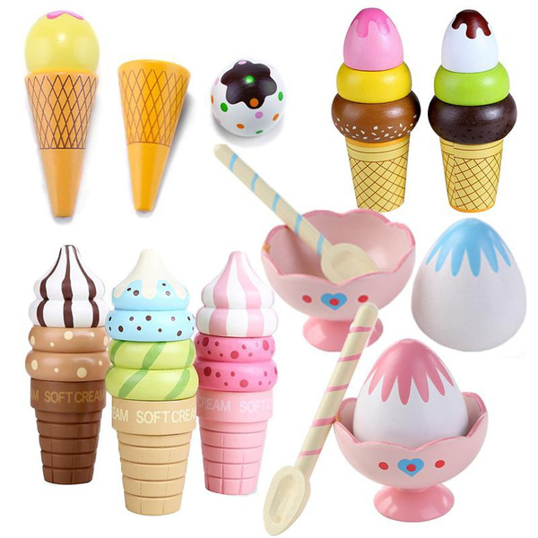 Wooden Ice Cream Toys Set Ice Cream Cones and Sundae Pretend Play Food Set Cut Food
