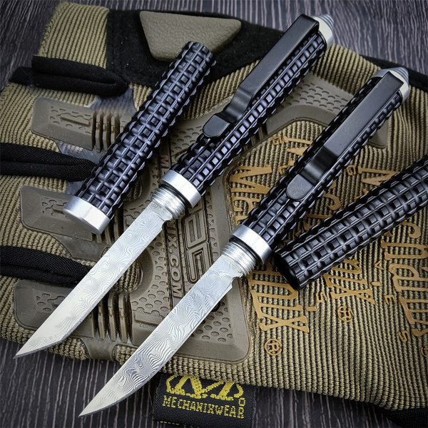 Damascus Steel Fixed Baton Knives Aluminum Alloy Handle Pocket EDC