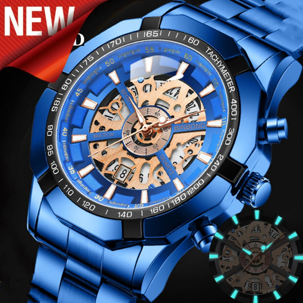 Binbond Stainless Steel Waterproof Watch Men Skeleton Quartz Watch Gold