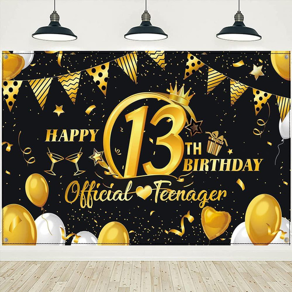 13th Birthday Backdrop Banner Black and Gold 13th Birthday Party ...