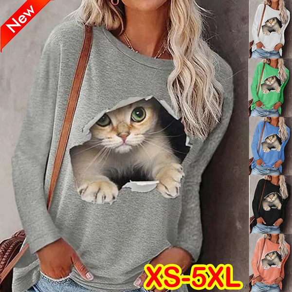 Fashion Cute Cat Print Women Long Sleeve Tshirts Round Neck Casual Tops Comfortable Thin