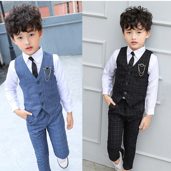 Boys Plaid Waistcoat Blazer 2 Pcs Wedding Clothes Sets Kids Suit Vest ...