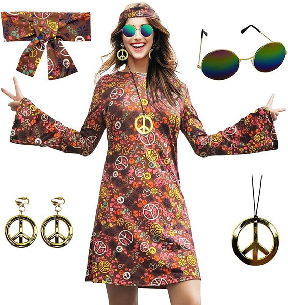 6 Pieces Set 70s Hippie Dress Costumes Necklace Earrings Sunglass Women