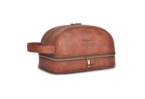 Vetell Classic Leather Travel Toiletry Bag and Dopp Kit with 2 Compartments