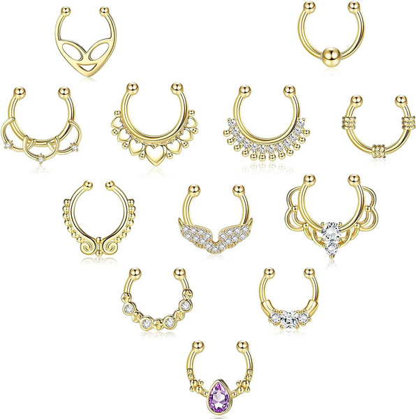 12 Piece Fake Nasal Septum Ring Women's CZ Artificial Nose Ring Clip on ...