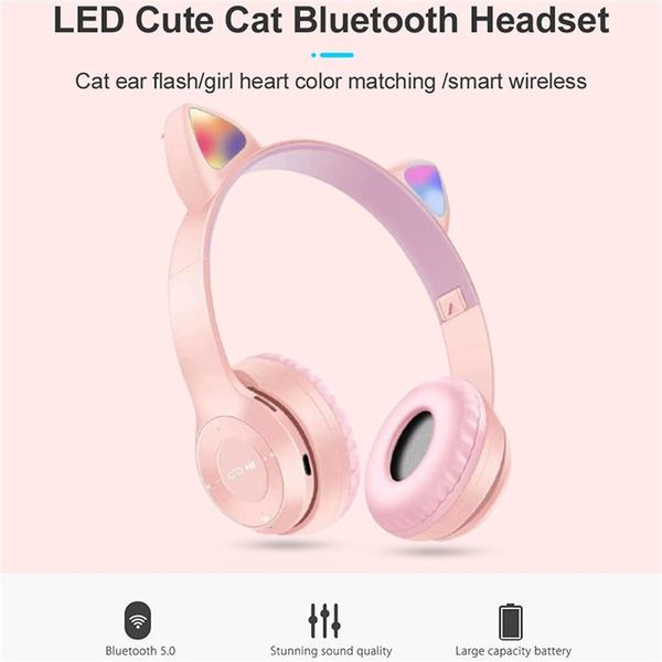 PDKUAI Cute Cat Ears Bluetooth 5.0 Wireless Headphones with Mic Can