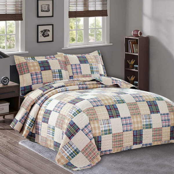 3 Pcs Quilt Set Twin Full/Queen King Size Plaid Bedspread Coverlet King