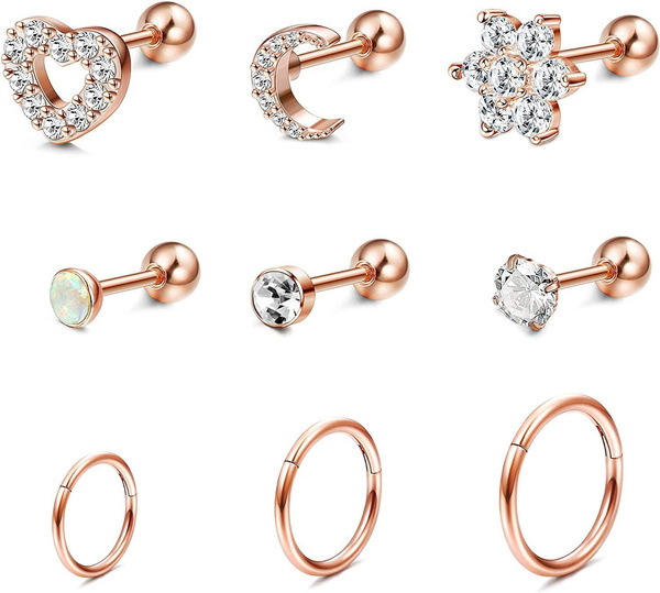 9piece Stainless Steel Spiral Cartilage Earlobe Earring Ring for Girls