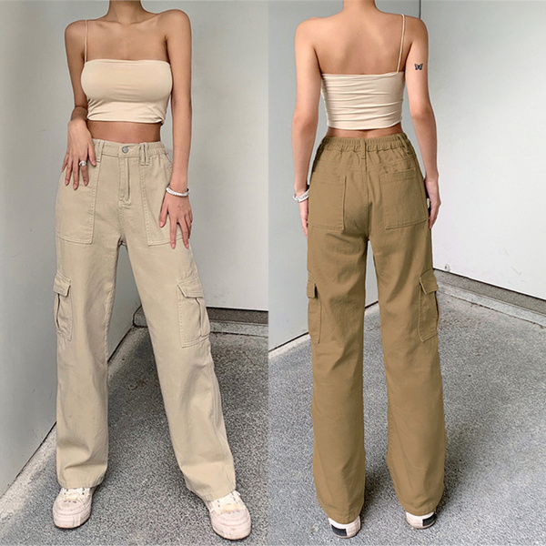 Women's Cargo Pants Chic High Waist Straight Trousers Chic Big Pockets Cargo  Jeans Retro Denim Joggers for Daily Sports UTR