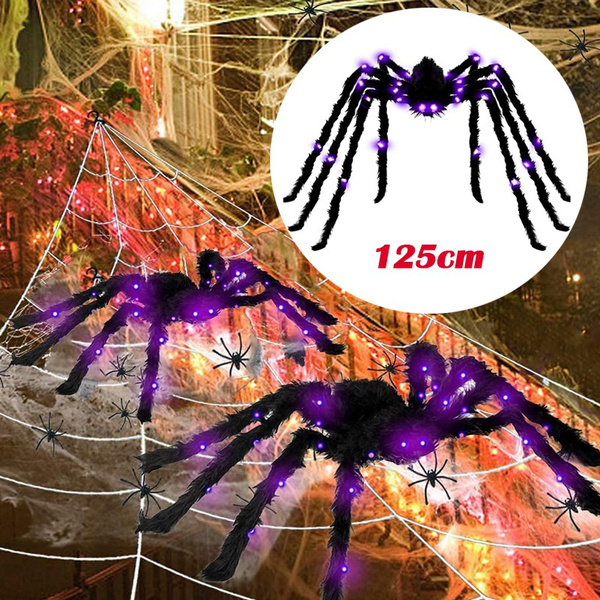 125CM Giant Light Up Black Hairy Spiders with 26 Purple LEDs Realistic