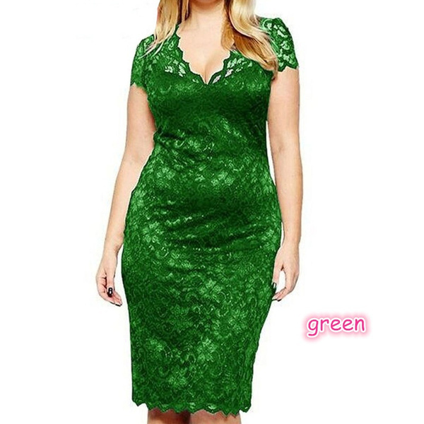 Women's Plus Size Hollow Mid-length Short-sleeved V-neck Lace Dress ...