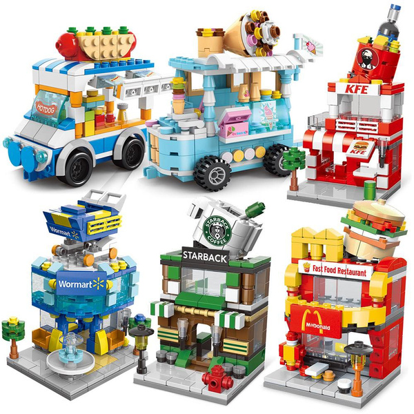 Mini City Shops Street View Blocks Market Retail Store Restaurant Model Sets Building Brick Toy