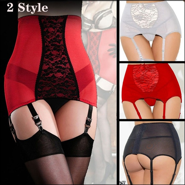 New Women 6 Straps High Waist Vintage Lingerie Pull on Girdle Floral Lace  Panel Garter Belt（Without Stockings）