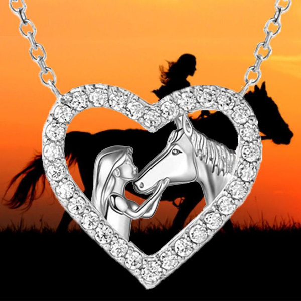 Heart Shape Girl And Horse Necklace For Women Girls Diamond Pendant ...