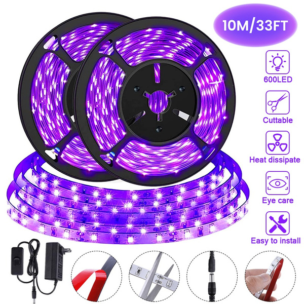 10M 33ft LED UV Black Light Strip Kit, 600 Units UV Lamp Beads, 12V Flexible Blacklight Fixtures ...