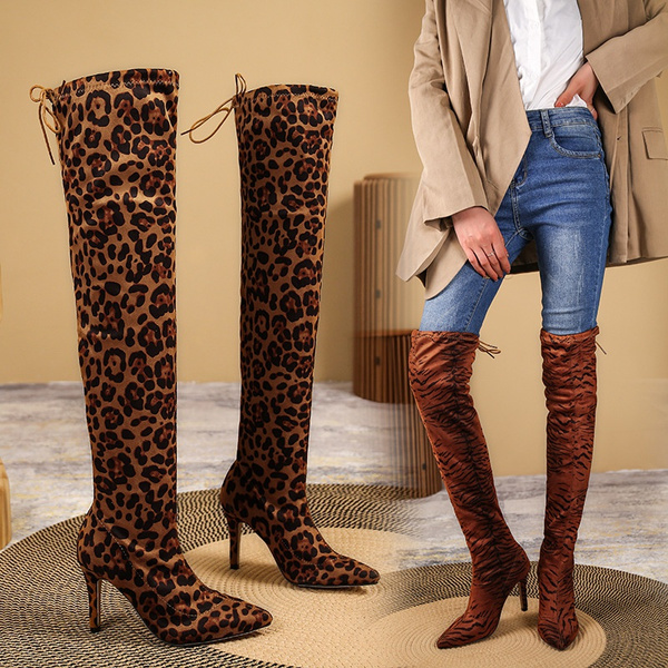 New Womens Fashion Leopard Print Long Boots Thigh High Boots Autumn Women Pointed Toe High Heels ...