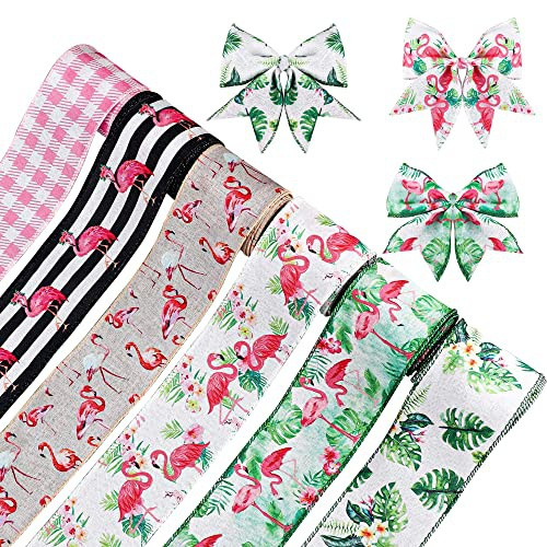 6 Rolls Flamingo Ribbon Wired Pink Flamingo Burlap Ribbon Palm Leaf