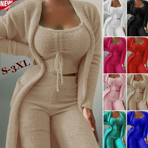 Autumn and Winter New Women's Velvet Pajamas 3 Piece Set Sling Top