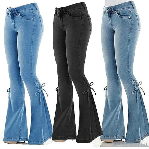 Women Vintage Mid Waist Elastic Flare Jeans Retro Style Bell Bottom Skinny  Jeans Female Wide Leg Denim Pants