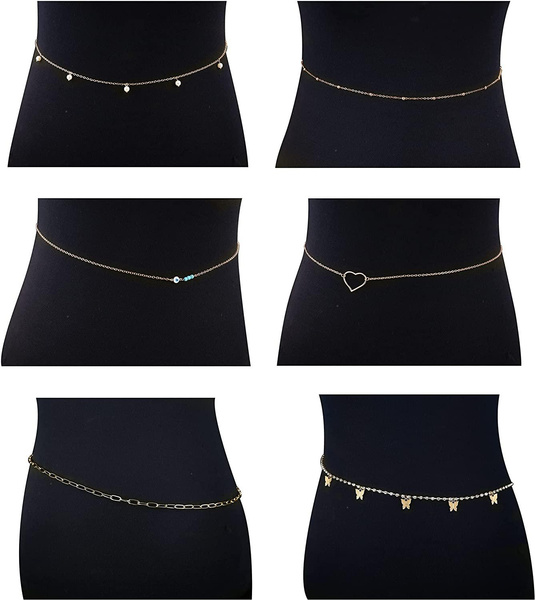 6Piece Women's Belly Chain Sexy Bikini Beach Chain Butterfly Heart Evil Eye Pearl Shell Charm