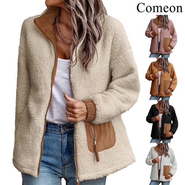 Women Fleece Jacket Casual Fuzzy Faux Shearling Zipper Coats Loose Soft Fuzzy Short Teddy Jacket 