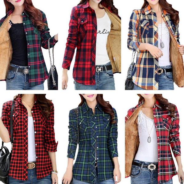 Womens Fleece Lined Flannel Jacket Button Down Plaid Flannel Shirt
