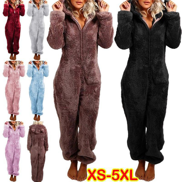 Fashion Women Fluffy Faux Fur Warm Pajamas Solid Color Winter Onesies ...