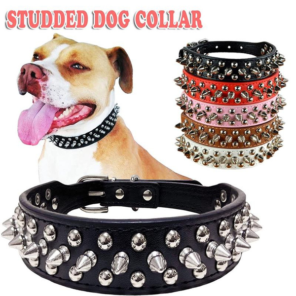 Spiked Studded Leather Dog Collar Rivet PU Leather Dog Collars for Pit ...