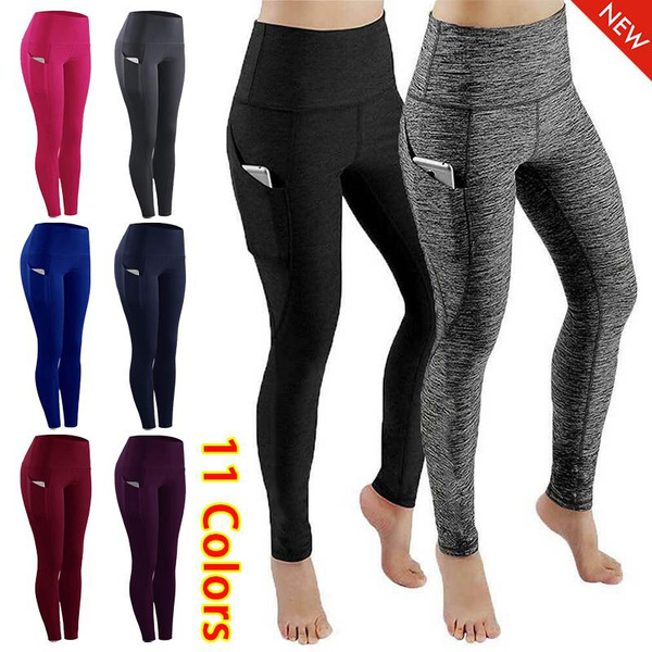 Women s fashion high waist yoga pants solid color skinny leggings gym