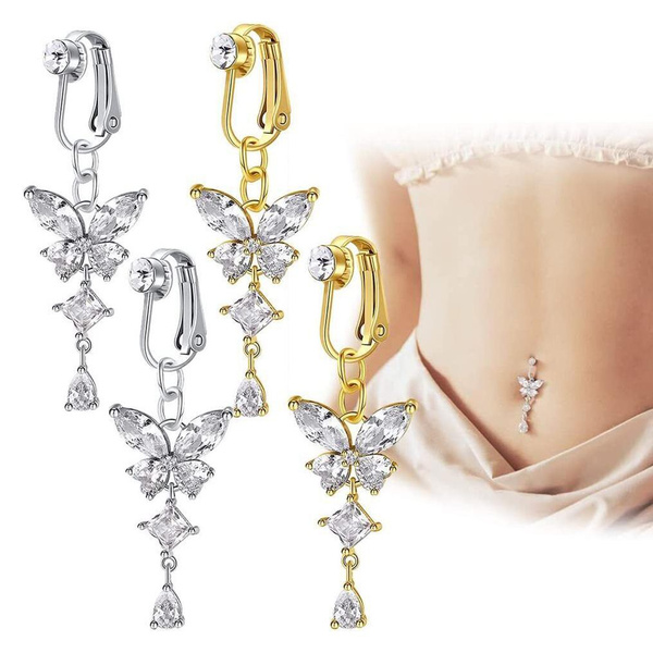 1pc/2pcs Fake Belly Button Rings Clip On Butterfly Zircon Navel Ring