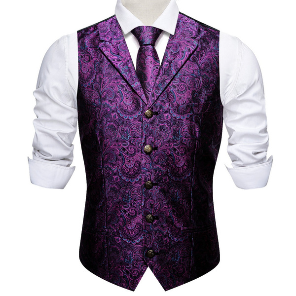 Purple Suit Vest for Men Luxury Jacquare Satin Brass Button Waistcoat ...