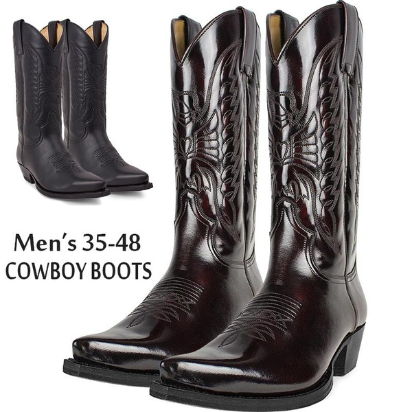 Men's Cowboy Boots Pu Western Boots High Quality Mid Calf Leather Boots