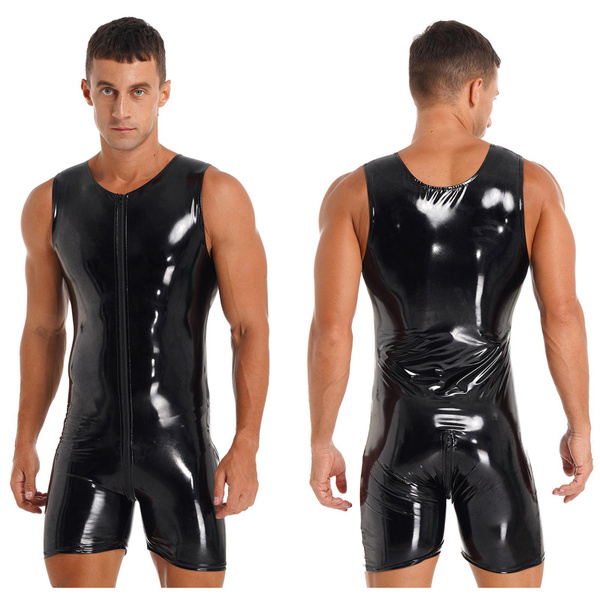 Men's PU Leather Jumpsuit Sleeveless Bodysuit Pole Dance Leotard Adult ...