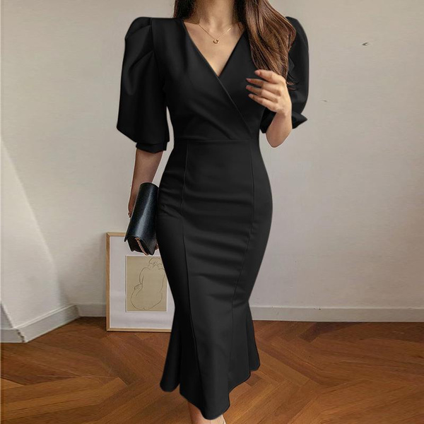Women Puff Half Sleeve Long Dress Mermaid V Neck Party Elegant Casual