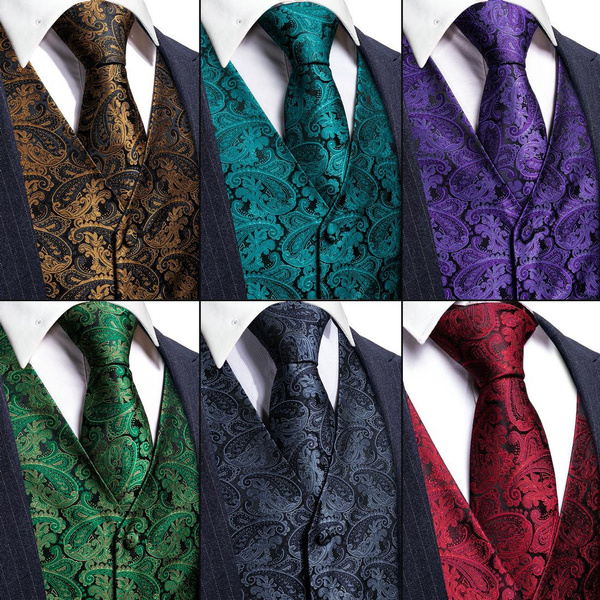 Barry.Wang Mens Paisley V-neck Suit Vests Satin Jacquare Waistcoat Tie ...