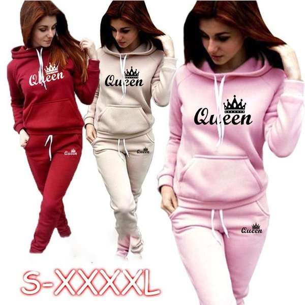 New Trending Queen Women Track Suits Sports Wear Jogging Suits Ladies  Hooded Tracksuit Set Clothes Hoodies+Sweatpants Sweat Suits