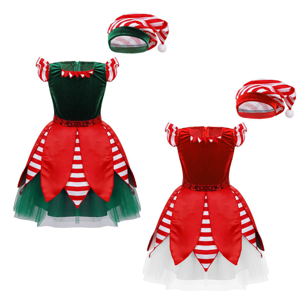 Kids Girls Elf Princess Costume Christmas Pageant Party Wedding Striped Dance Gown Wish