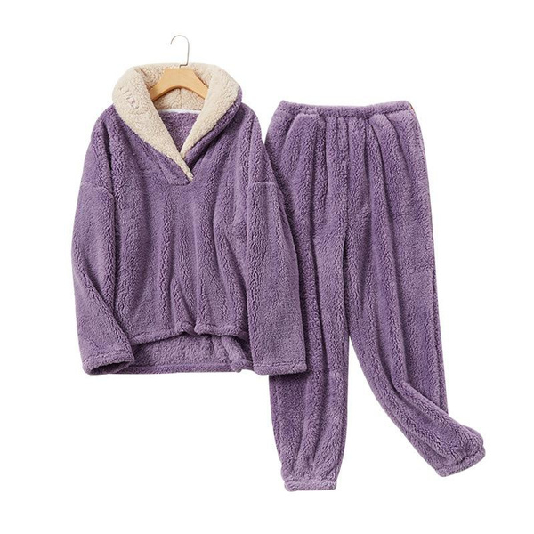 Coral Fleece Women's Winter Pajama Set Fluffy Ladies Sleepwear Warm ...